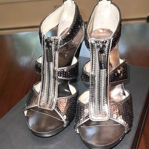 MICHAEL Michael Kors High Heeled Platinum Sequin Evening Shoes